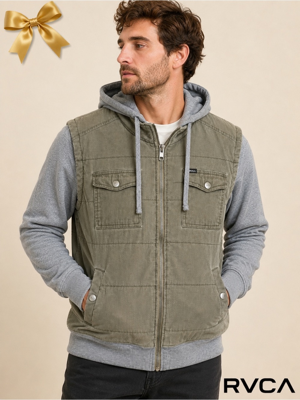 RVCA Nature X Industry Quilted Corduroy Hooded Jacket Men’s Large Olive Gray